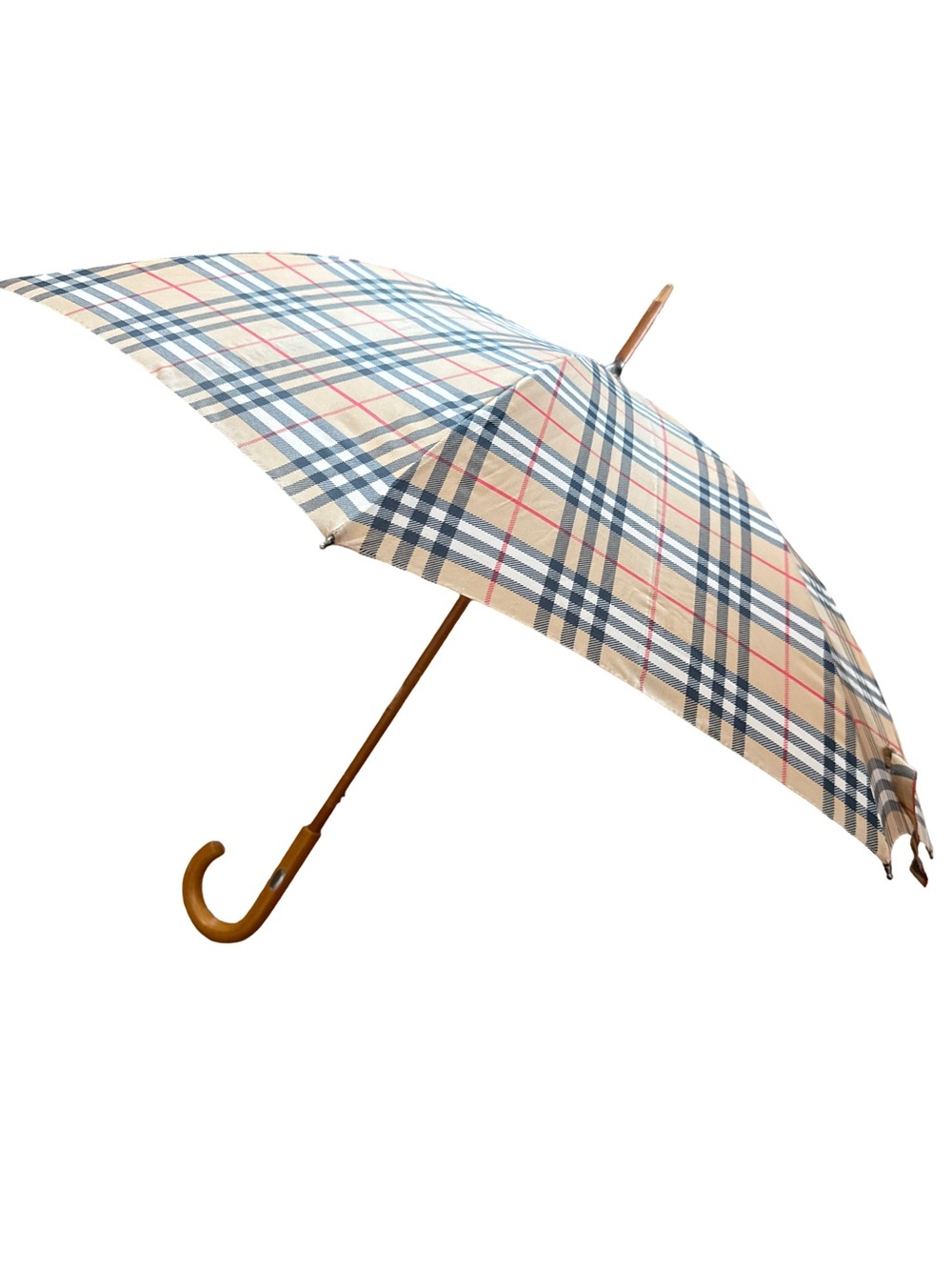 Burberrys Vintage Nova Check Walking Umbrella Wood J-Handle Beige Tan Plaid